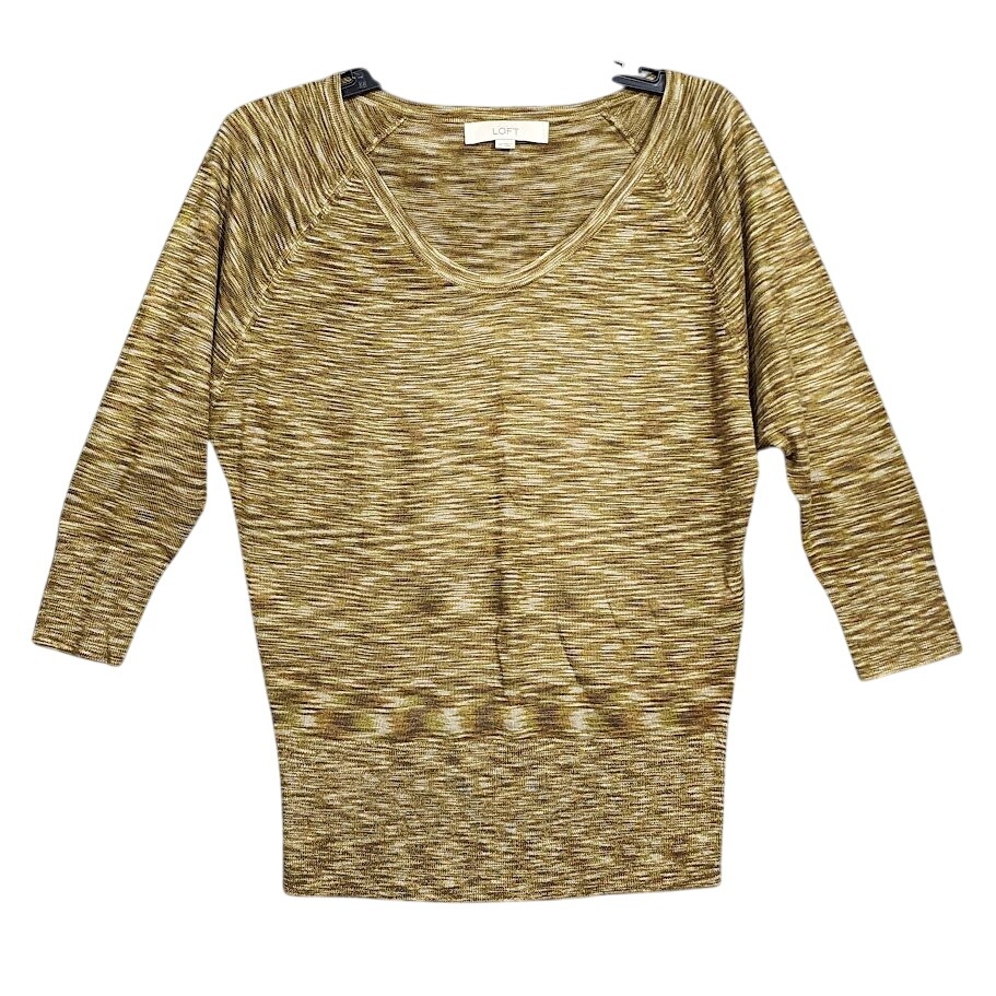 Loft Sweater Xs Knit Top 3/4 Sleeve Brown Green Yellow Neutral V Neck Career